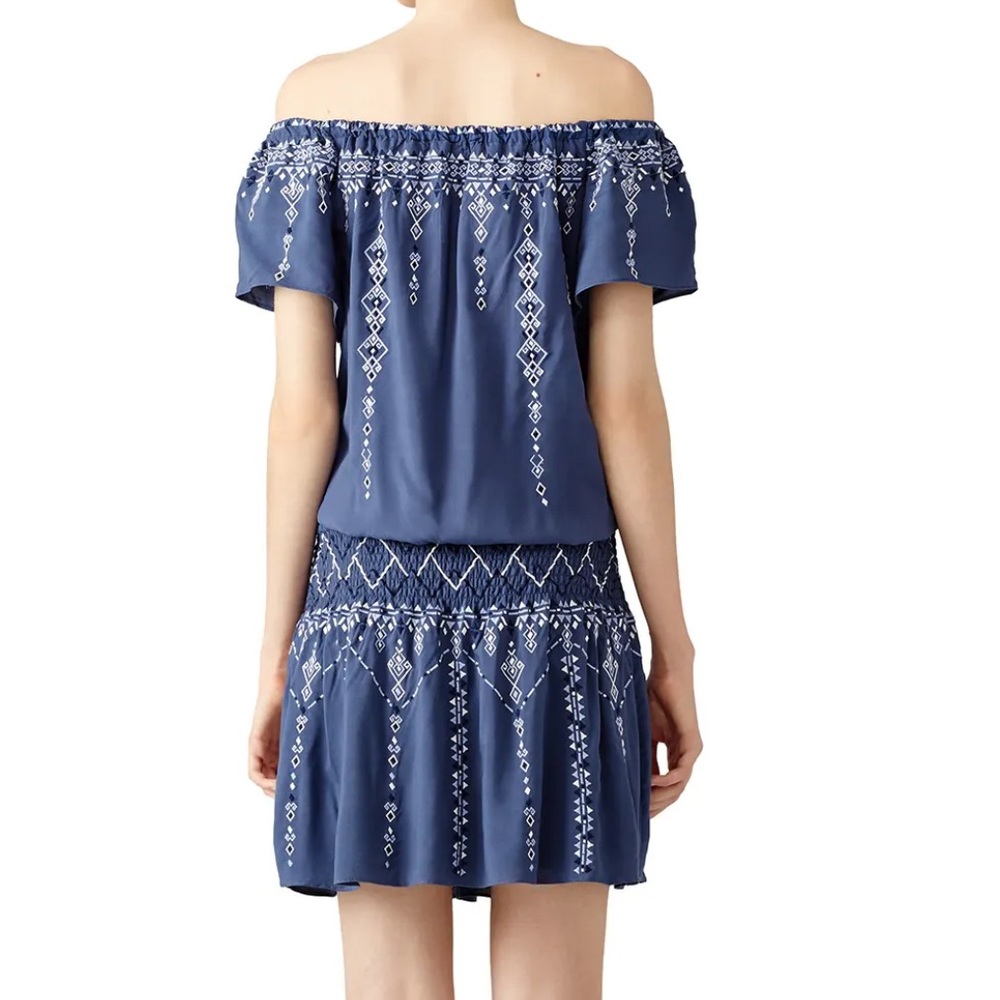 Parker Tammy Dress Size S Blue Off-Shoulder Mini Embroidered Smocked Tassels - Picture 3 of 10